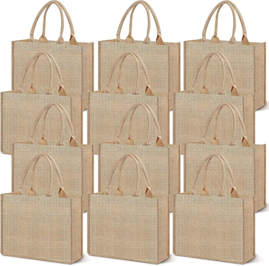 12 Pack Burlap Tote Bag, Reusable Jute Bags with Handles, Large Jute Shopping Canvas Bags Burlap Gift Bags Bulk Kitchen Reusable Grocery Bags for Women Wedding DIY Art Crafts, 16 x 12 x 7.8 inch