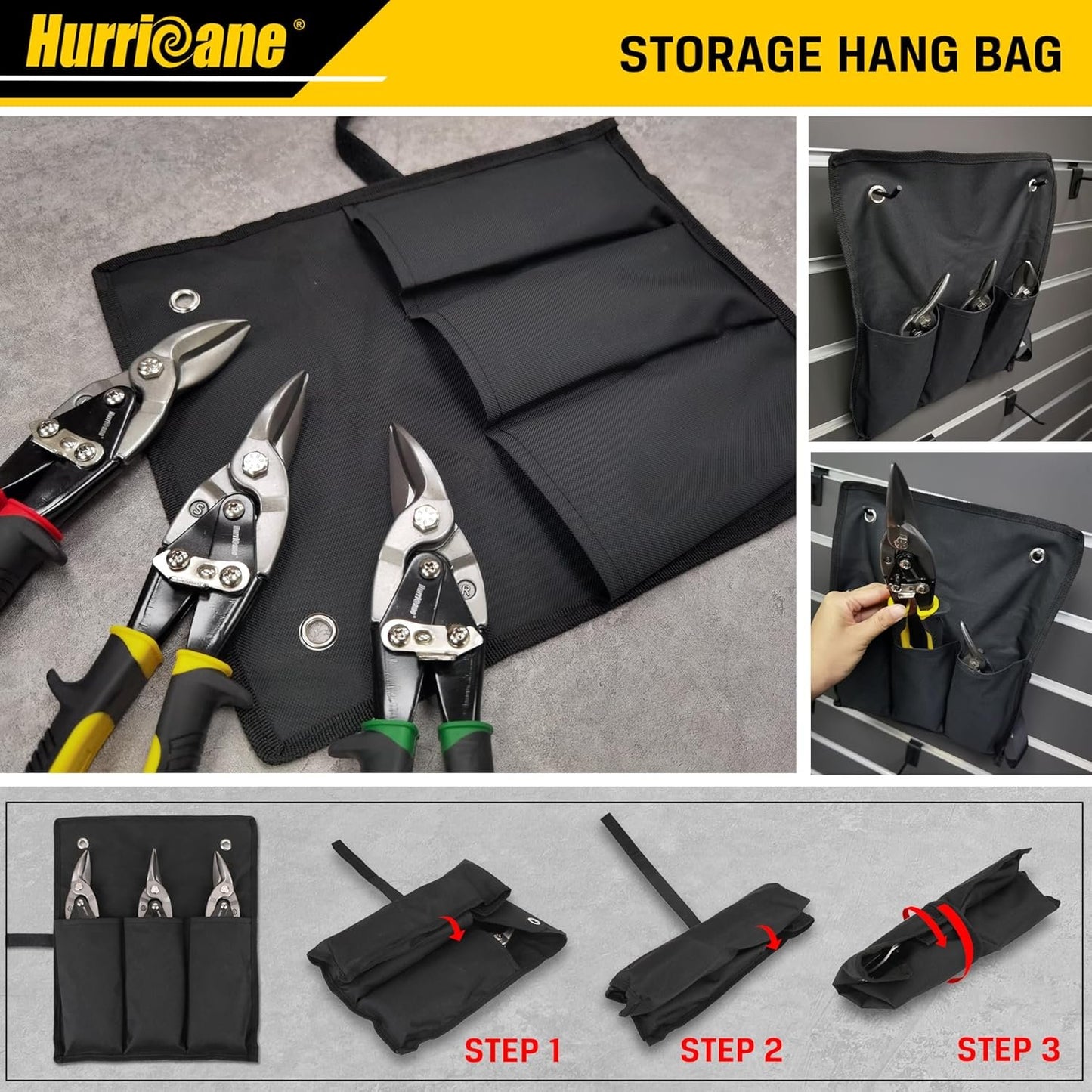 HURRICANE 3 pc Aviation Tin Snips Set, Metal Cutter Shear for Cut Sheet Metal, Chrome Vanadium Steel, Straight Left and Right, Ergonomical TyreGrip Handle with Hang Hole and Safety Latch