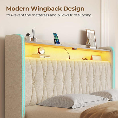 Rolanstar Queen Bed Frame with Drawers, Storage Headboard with Charging Station and LED Lights, Upholstered Bed with Heavy Duty Wood Slats, No Box Spring Needed, Noise Free, Easy Assembly, Beige