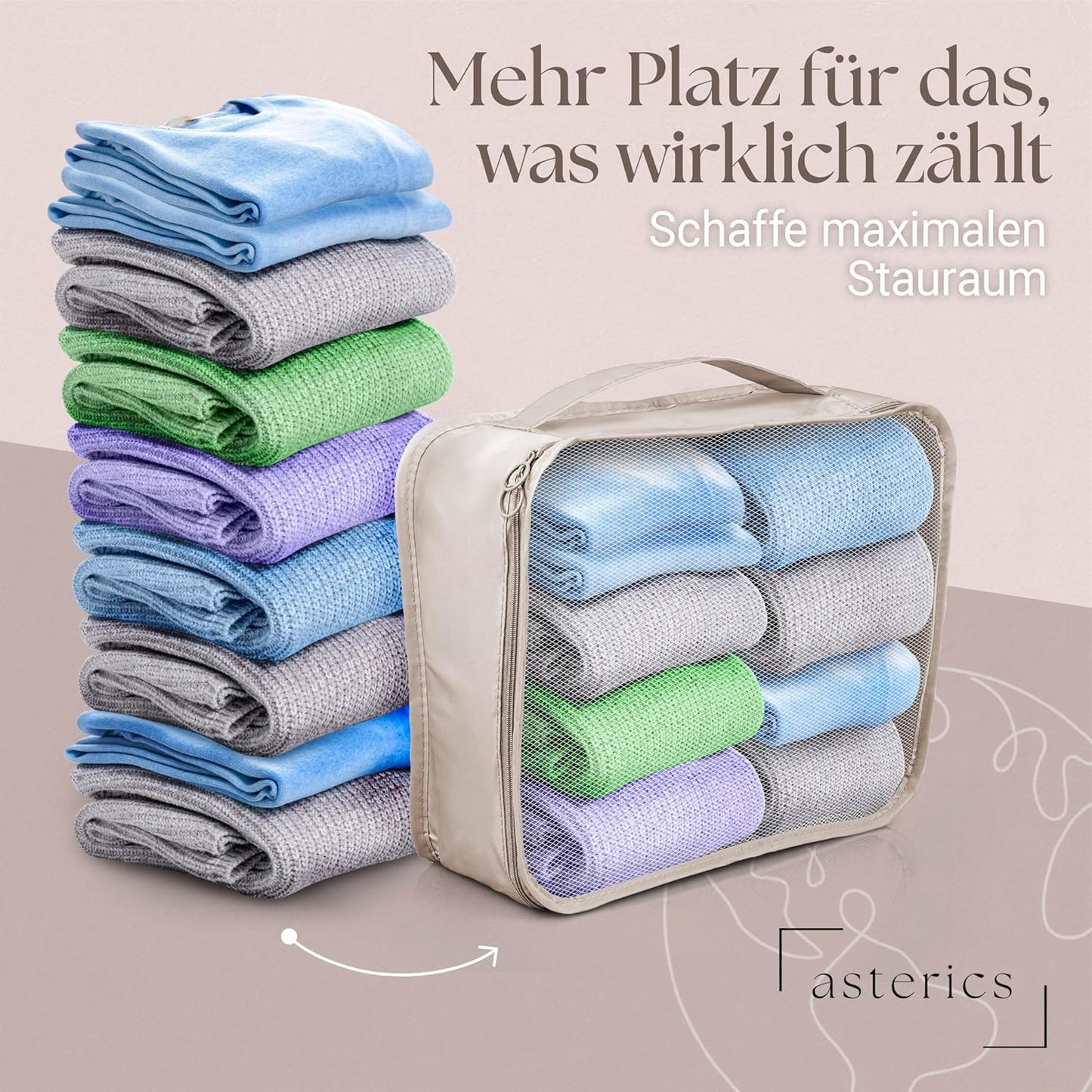asteriCS Luggage Organizer (8 Piece Set) Lightweight Compact - Packing Cubes Versatile for Suitcase, Backpack, Changing Bag, Travel Gadgets (Beige)