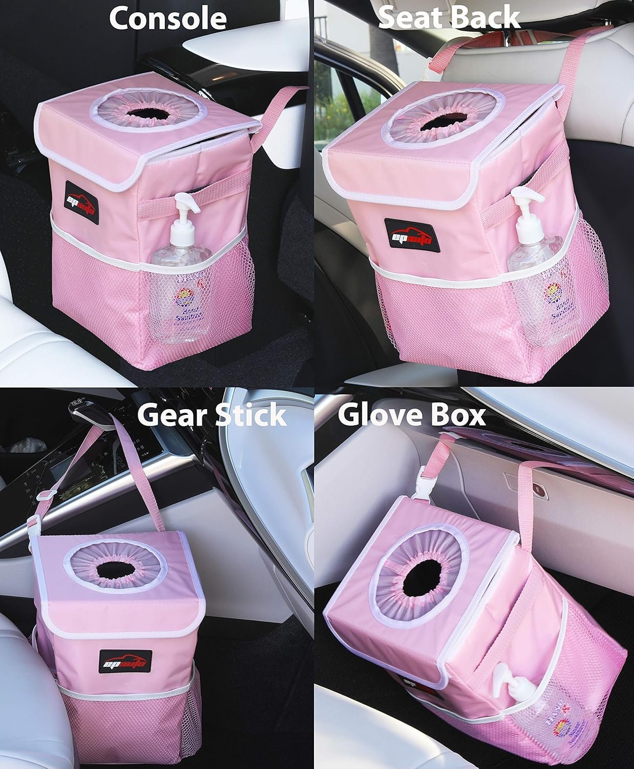 EPAuto Car Trash Can with Lid and Storage Pockets, Pink
