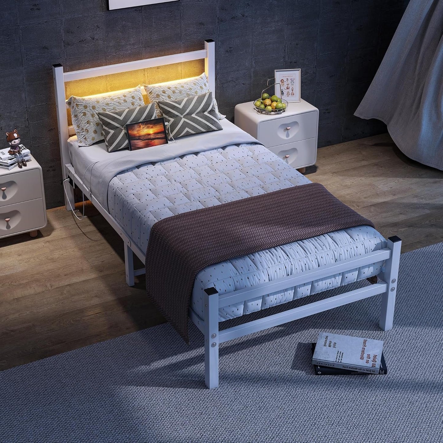 Maliacife Twin Bed Frame with Charging Station,Metal Bed with LED Lights Headboard,Heavy Duty Steel Slats Support Single Bed Frame,No Box Spring Needed,Noise Free, White