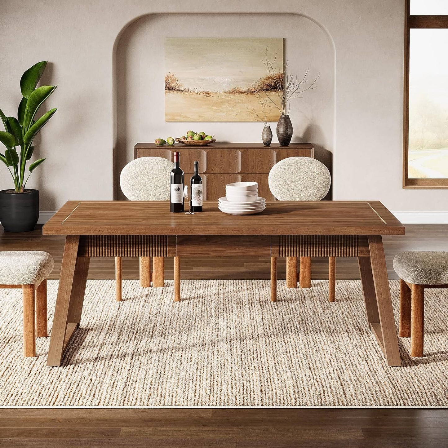 Tribesigns 55'' Dining Table with Storage Drawer, Rectangular Dinner Kitchen Table with Solid Wood Legs for 4-6 People, Mid-Century Modern Desk for Dining Room, Walnut Brown