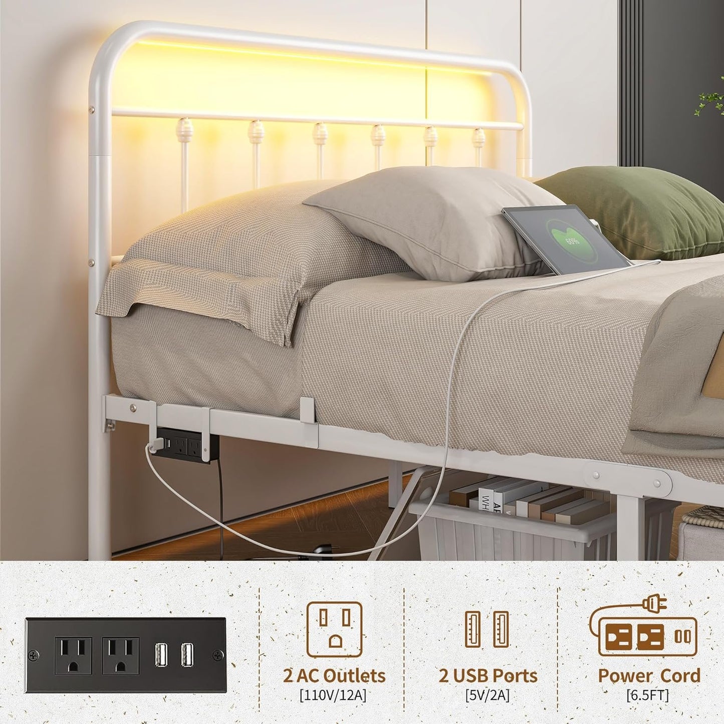 Maliacife Metal Bed Frame Double,Full Size Bed Frames with Charging Station and LED Headboard,Metal Platform Bed with Under Bed Storage, No Box Spring Needed, Noise Free,Easy Assembly,White
