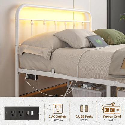 Maliacife Metal Bed Frame Double,Full Size Bed Frames with Charging Station and LED Headboard,Metal Platform Bed with Under Bed Storage, No Box Spring Needed, Noise Free,Easy Assembly,White