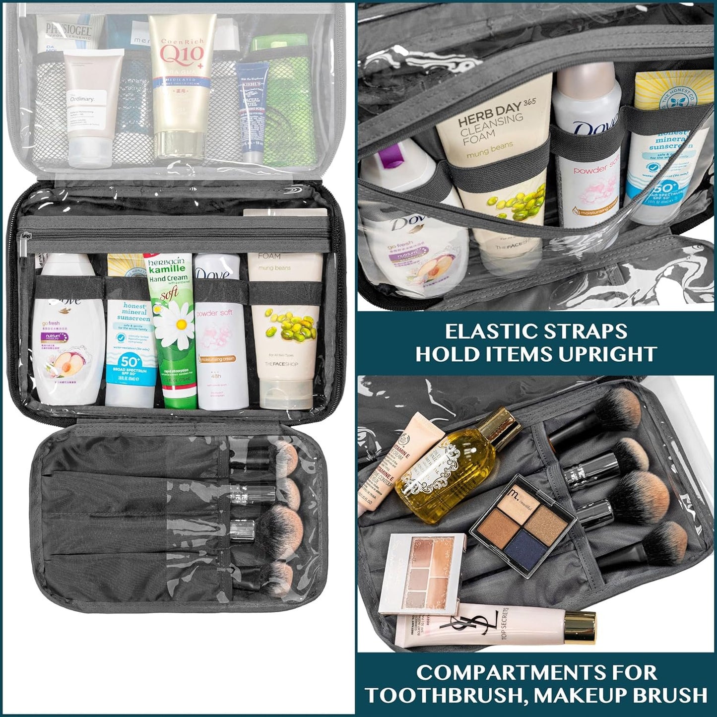 PAVILIA Hanging Toiletry Bag Women Men, Foldable Cosmetic Organizer Travel Bag, Water Resistant Makeup Bag Toiletries, Large Travel Essentials Kit, Black, Large