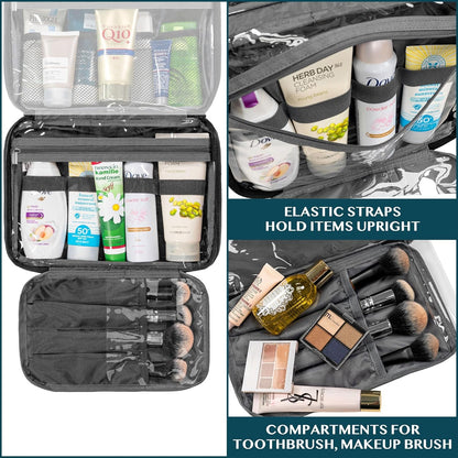 PAVILIA Hanging Toiletry Bag Women Men, Foldable Cosmetic Organizer Travel Bag, Water Resistant Makeup Bag Toiletries, Large Travel Essentials Kit, Black, Large