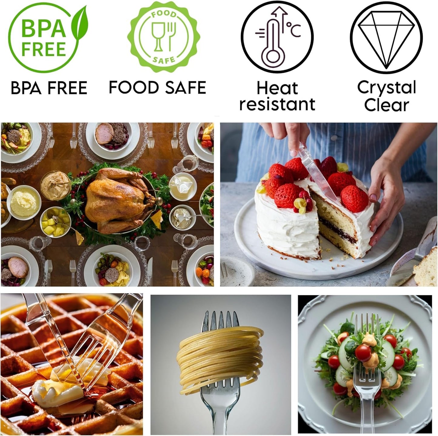 Extra Large 6.4-Inch 120 Count Heavy Duty Clear Plastic Silverware, 40 Forks, 40 Spoons, 40 Knives, Heat Resistant, Plastic Cutlery Set, Disposable Silverware, Spoon Fork Knife, Plastic Utensils Set