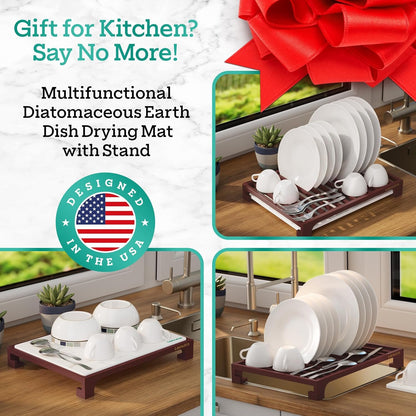 Lanuks Stone Drying Mat for Kitchen Counter |Drying Matt Kitchen Counter with Bamboo Dish Drying Rack |Diatomaceous Earth Dish Drying Mat (Cherry Stand)