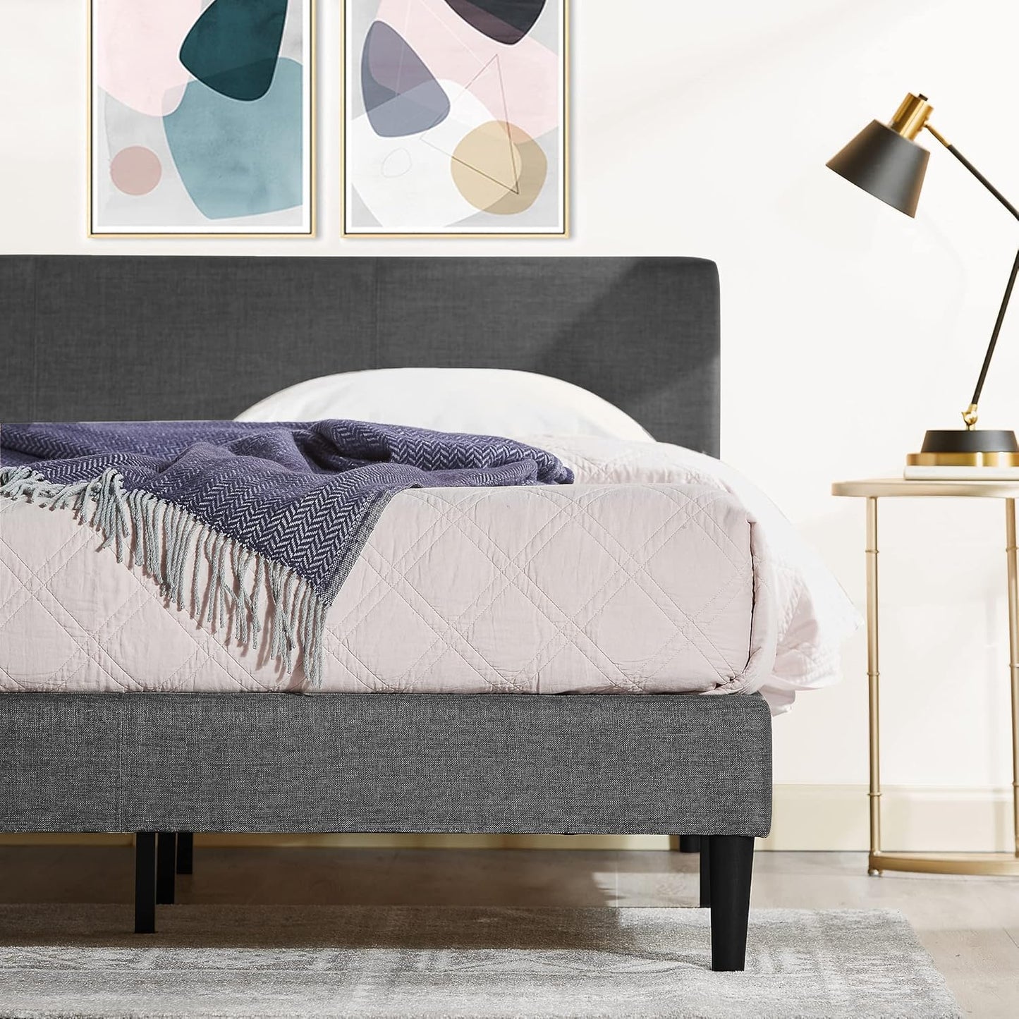 Zinus Liam Queen Bed Frame Platform / Bedroom Furniture/Dark Grey Fabric