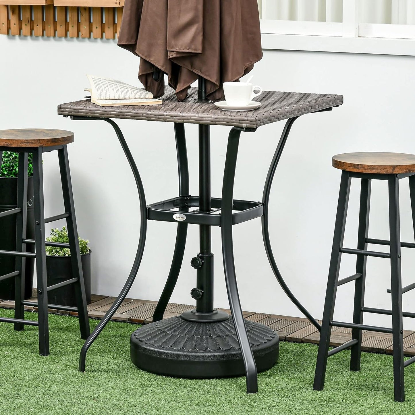 Outsunny Patio Wicker Dining Table with Umbrella Hole, 34 Inch Outdoor PE Rattan Coffee Table with Plastic Board Under The Woven Table Top for Patio, Garden, Balcony, Light Grey