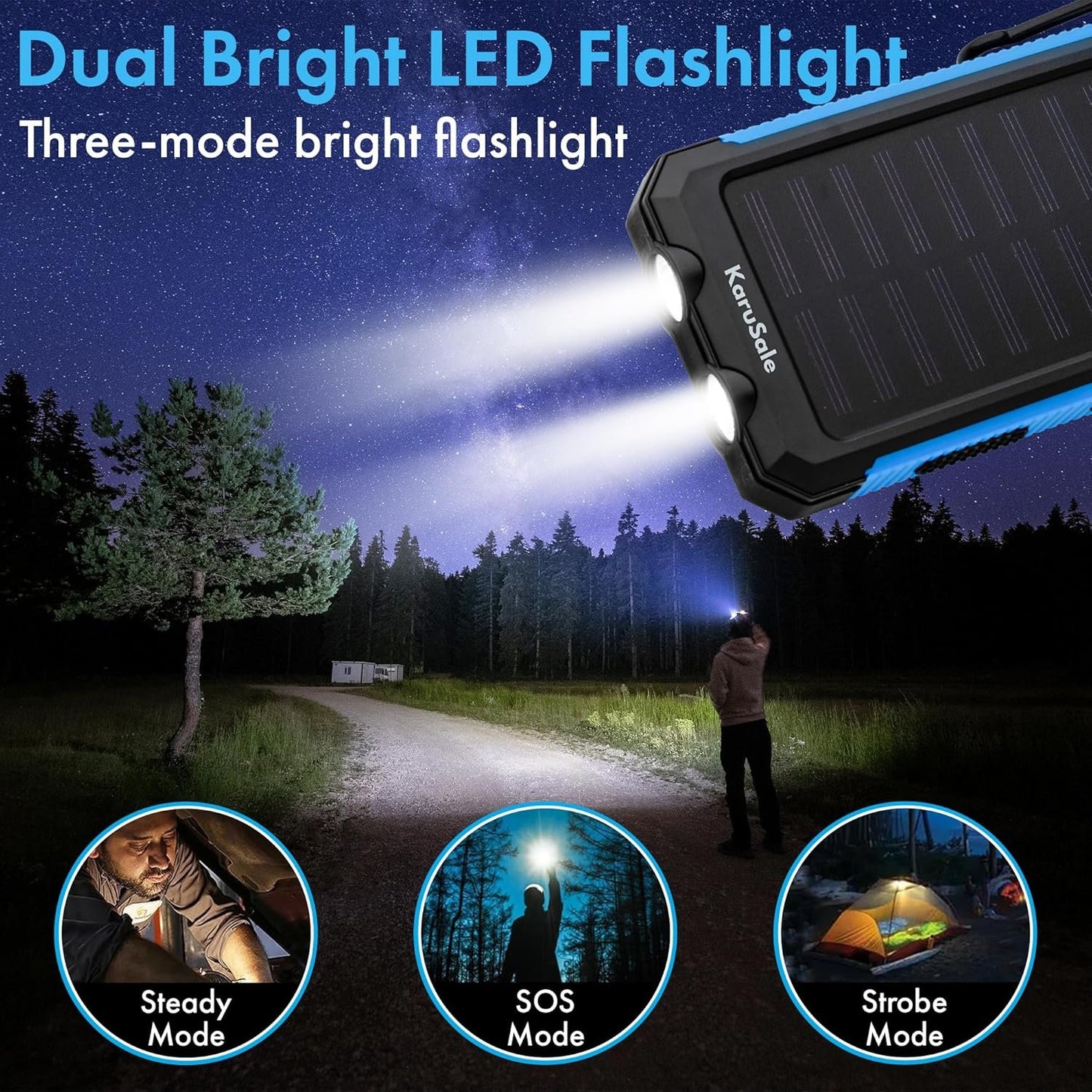 KaruSale Solar Power Bank Portable Charger 50000mah Battery Pack QC3.0 Fast Charging 20W 2 USB Waterproof Camping Travel External Backup Phone for iPhone, for Samsung, Android Black & Blue