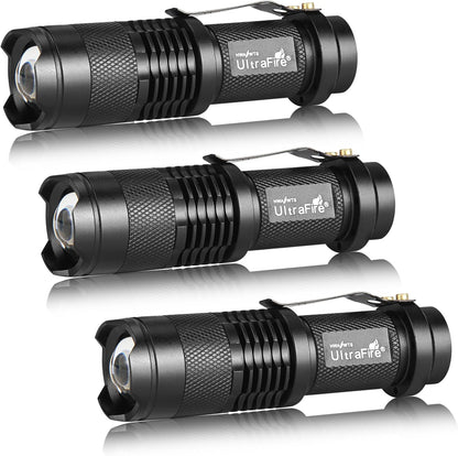 3 Pack UltraFire Mini Flashlights Focus Adjustable SK68 Single Mode Tactical LED Flashlight, Ultra Bright 300 Lumens Torch