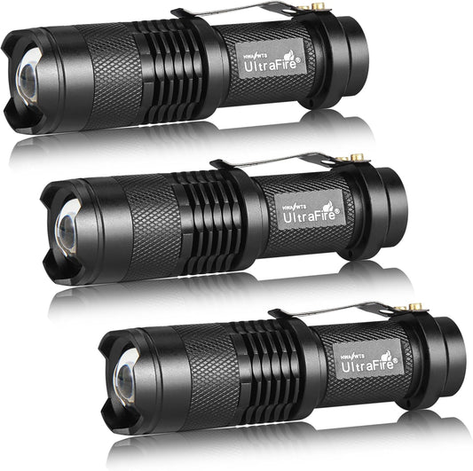 3 Pack UltraFire Mini Flashlights Focus Adjustable SK68 Single Mode Tactical LED Flashlight, Ultra Bright 300 Lumens Torch