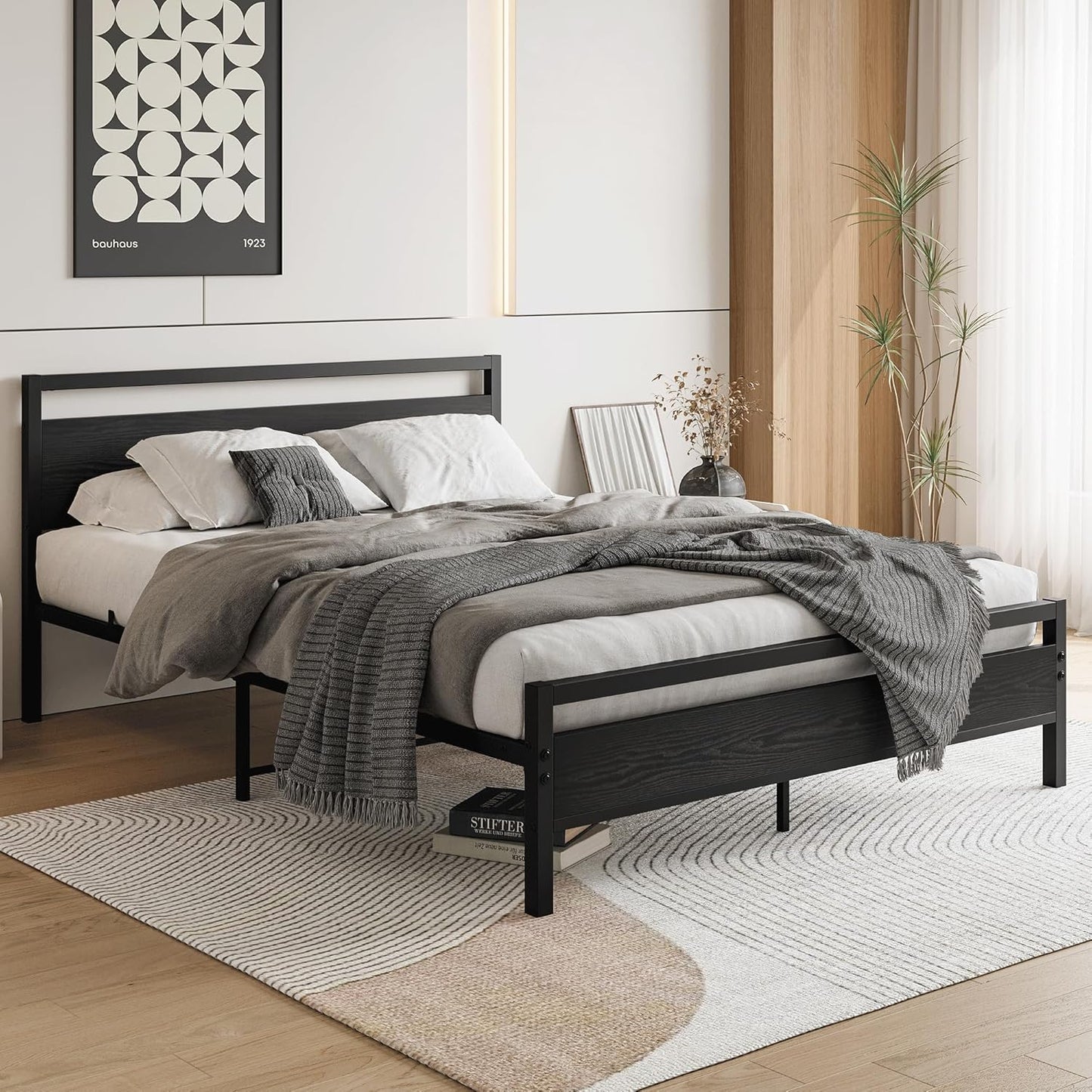 VERFARM Queen Size Bed Frames with Black Wood Headboard and Footboard,Heavy Duty Metal Platform Bed Frame Queen Size,No Box Spring Needed,Mattress Foundation/Sturdy and Stable/Noise Free,Black