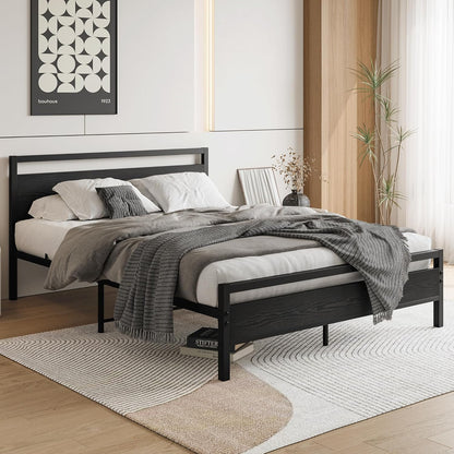 VERFARM Queen Size Bed Frames with Black Wood Headboard and Footboard,Heavy Duty Metal Platform Bed Frame Queen Size,No Box Spring Needed,Mattress Foundation/Sturdy and Stable/Noise Free,Black