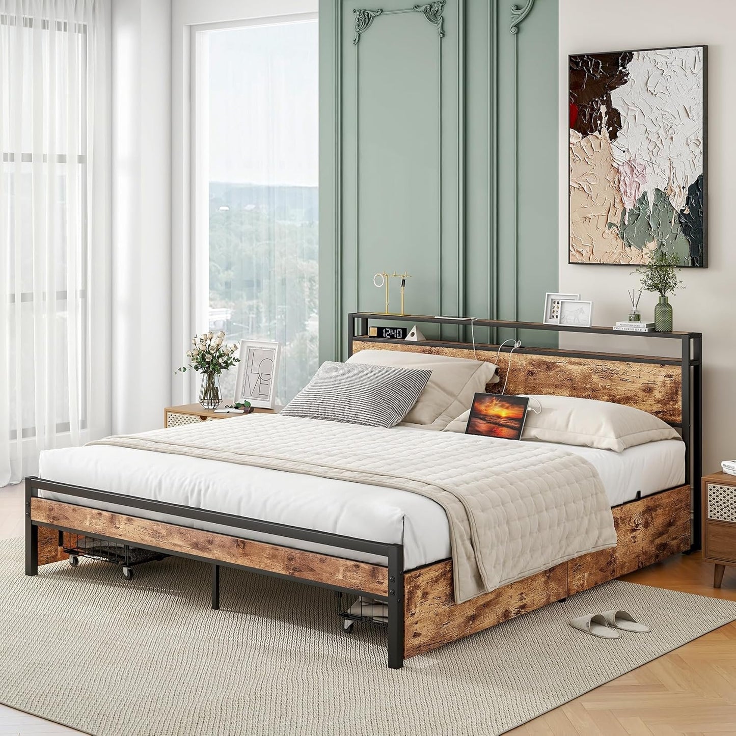 BOFENG Black King Size Bed Frame with 2-Tier Storage Headboard and Power Outlets,Charging Station,Platform Bed Frame King Size with 4 Storage Drawers,No Box Spring Needed,Sturdy and Noise Free,Brown