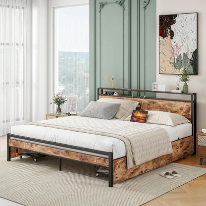 BOFENG Black King Size Bed Frame with 2-Tier Storage Headboard and Power Outlets,Charging Station,Platform Bed Frame King Size with 4 Storage Drawers,No Box Spring Needed,Sturdy and Noise Free,Brown