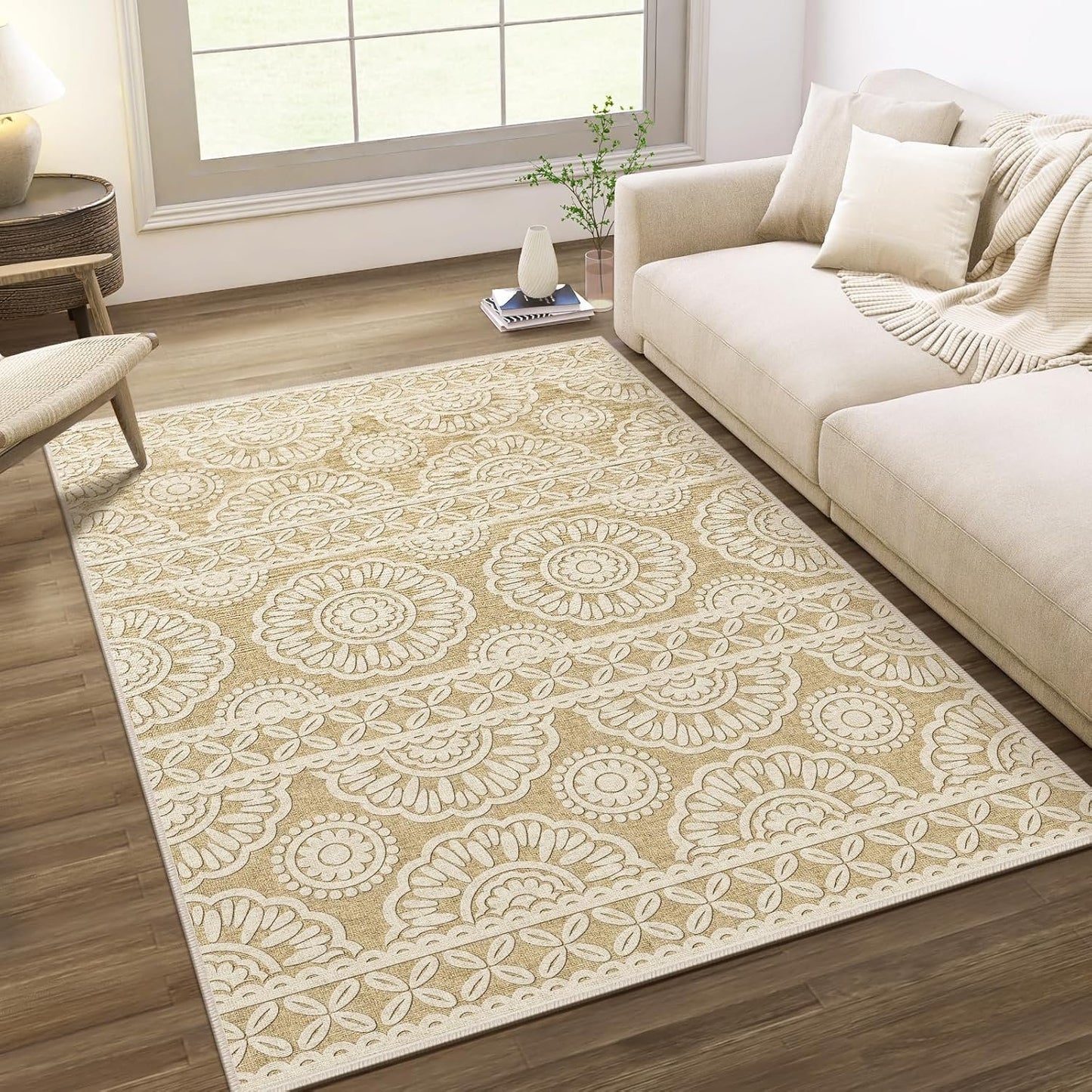 Washable Rugs 5x7 for Living Room Bedroom Under Bed, Tan Boho Aesthetic Floral Print Area Rug for Dining Room Office Kids Nursery Playroom, Farmhouse Distressed Carpet Home Decor, 5x7ft, Brown Cream
