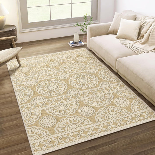 Washable Rugs 5x7 for Living Room Bedroom Under Bed, Tan Boho Aesthetic Floral Print Area Rug for Dining Room Office Kids Nursery Playroom, Farmhouse Distressed Carpet Home Decor, 5x7ft, Brown Cream