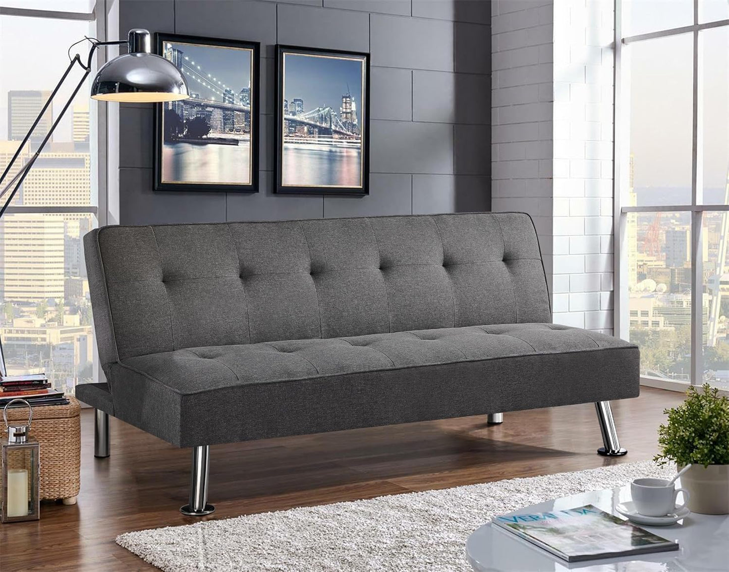 Yaheetech Reclining Sofa Bed with Padded Seat Convertible into Bed 105° – 180° Adjustable Living Room Living Room Guest Room Furniture for Resting Dark Grey/Fabric