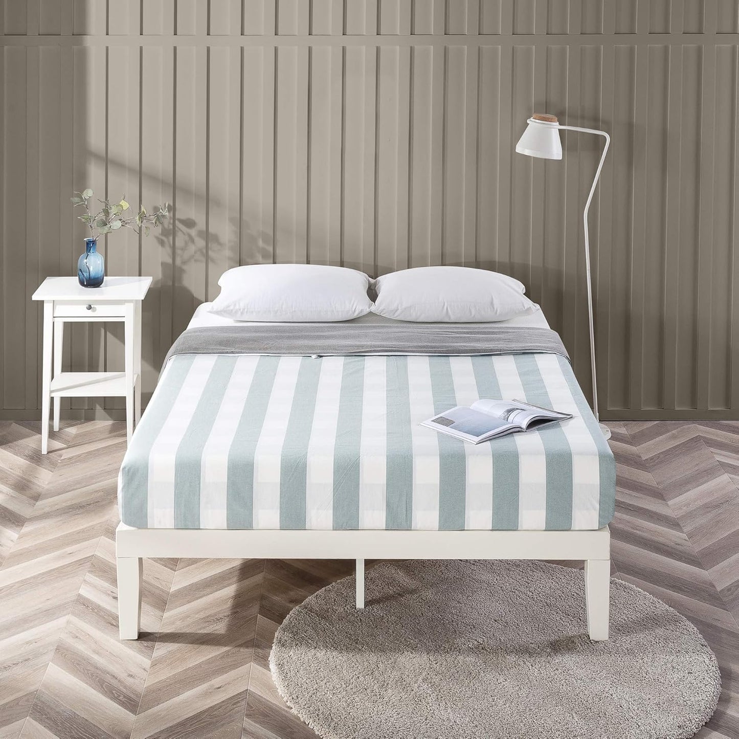 Zinus Moiz White Timber Bed Frame | Wood Platform Mattress Foundation/Bedroom Furniture - King Single Size