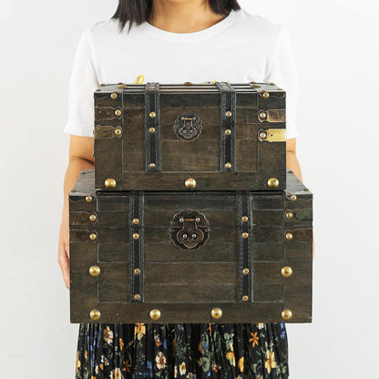 SLPR Alexander Wooden Trunk Chest with Straps (Set of 2, Rustic Brown) | Decorative Treasure Box