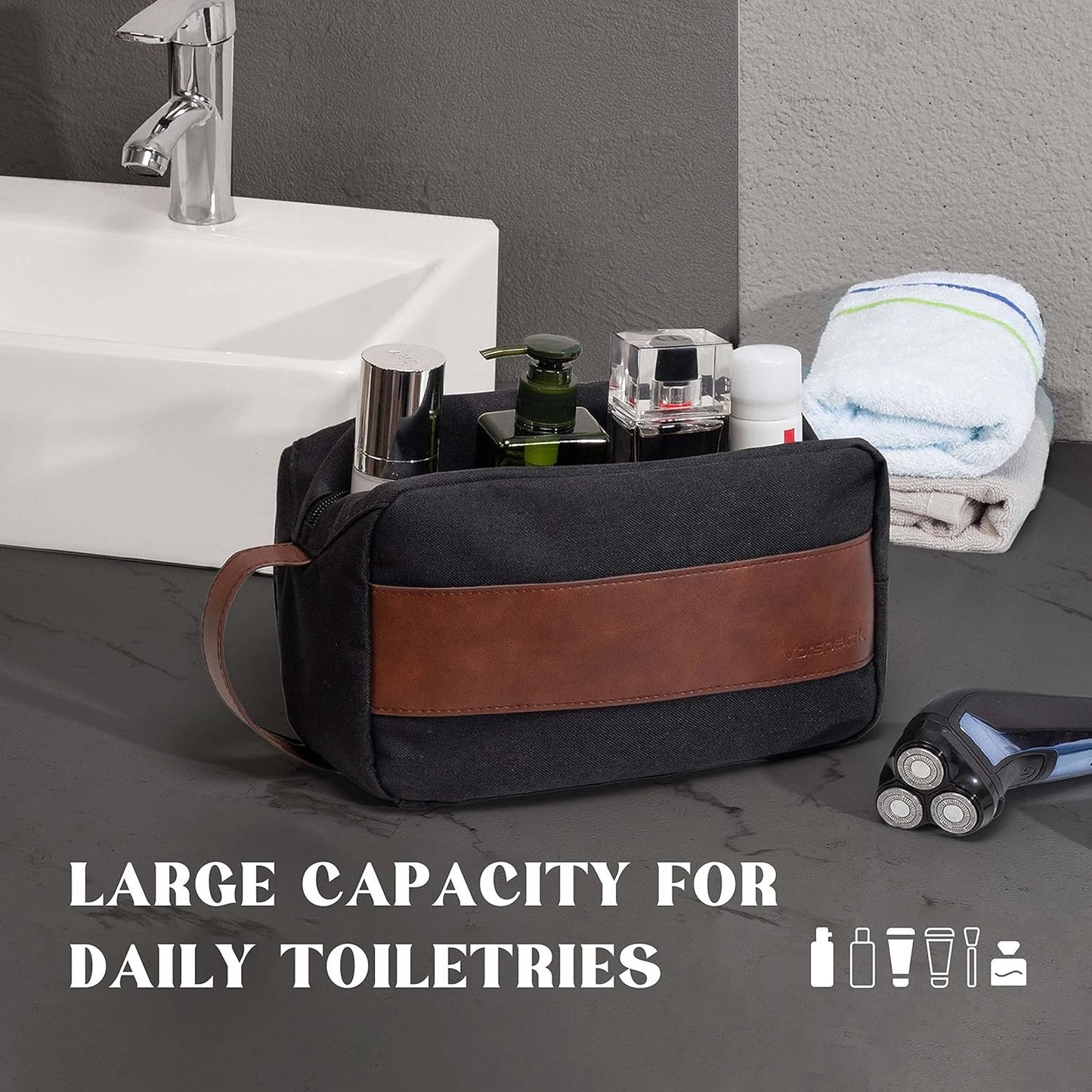 Vorspack Toiletry Bag for Men - Large Dopp Kit for Travel Water Resistant Travel Bag for Toiletries Accessories Lightweight Toiletries Bag - Black, Black, Medium