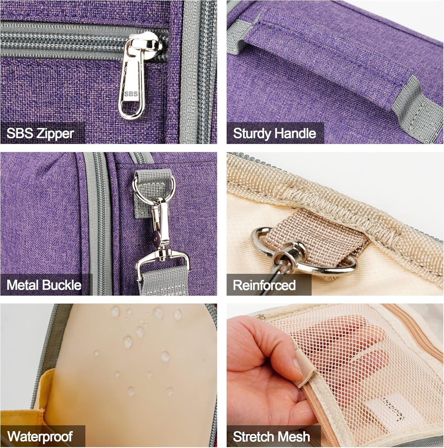 COOSKY Extra Large Hanging Travel Toiletry Bag for Women and Men, Hygiene Bag, Bathroom and Shower Organizer Kit with Elastic Band Holders for Toiletries, Cosmetics, Makeup, Brushes, Purple, Extra Large