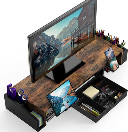 SimpleHouseware Dual Monitor Stand Riser of Adjustable Length and Angle Shelf with Holder and Drawer, Rustic Brown