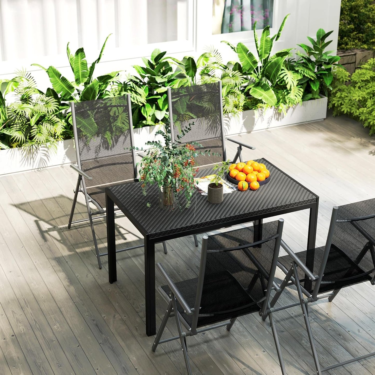 Outsunny 47" Patio Dining Table for 4 Persons, Rectangular Outdoor Table with PE Rattan Wicker Tabletop, Steel Frame for Backyard and Lawn, Black