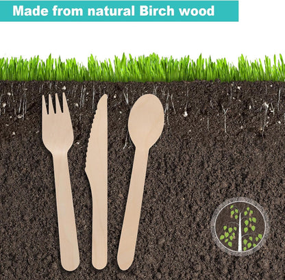 (150 Count) Disposable Wooden Cutlery Set - Alternative to Plastic Cutlery, Eco Friendly, Biodegradable, Compostable Cutlery Set - 50 Wood Spoons, 50 Wooden Knives, 50 Wooden Forks Disposable Utensils