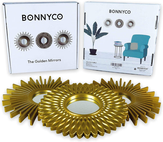BONNYCO Gold Mirrors for Wall Pack of 3 Round Wall Mirrors Bedroom Room and Home Decor | Espejos Decorativos de Pared Sala Dormitorio | Modern Minimalist Decor Vintage and Chic Gifts for Women Mums