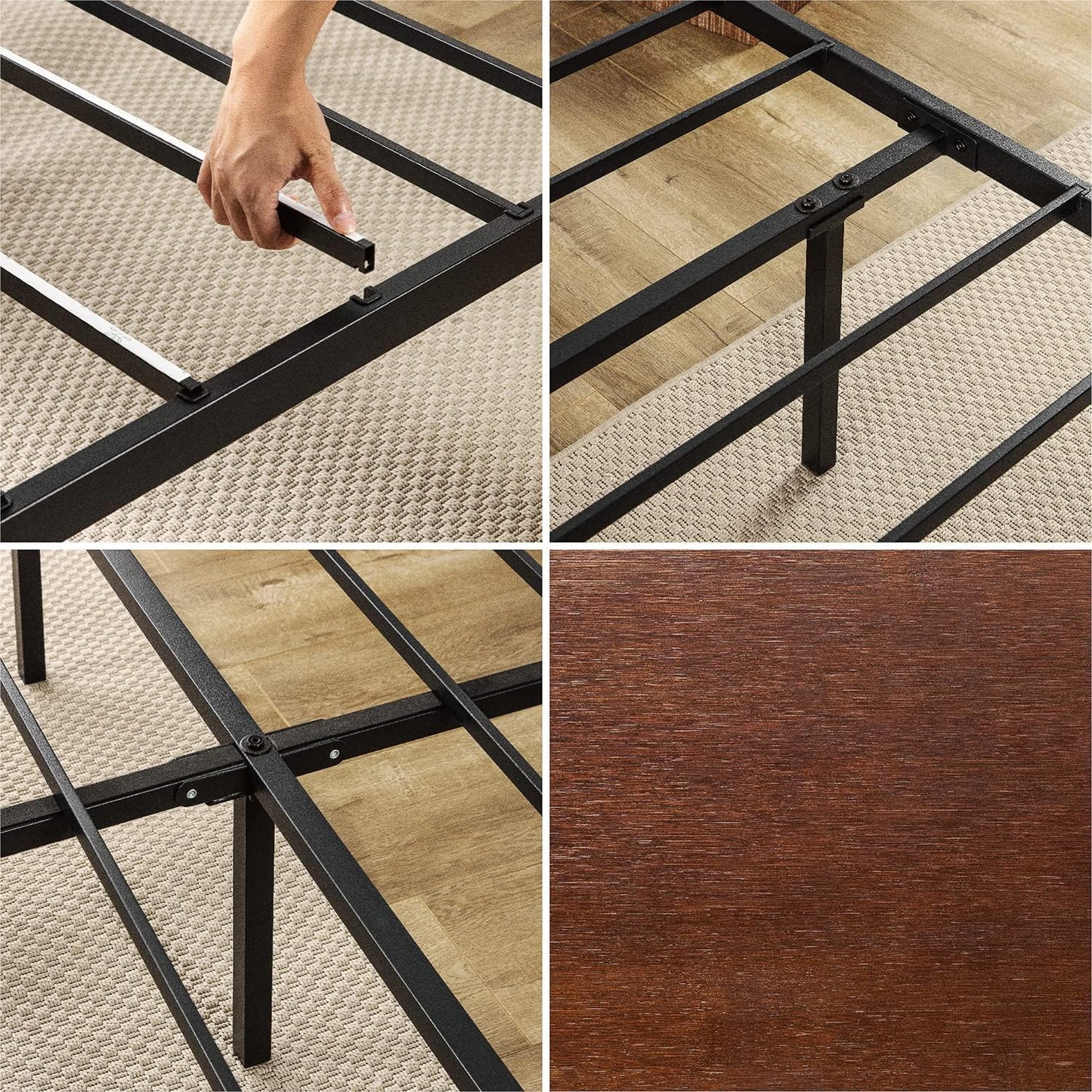 Zinus Queen Bed Frame, Industrial Metal Wooden Bamboo Bed Frame Base with Headboard, Black & Dark Wood, Bedroom Furniture, Brown