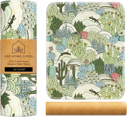 Kind Home Goods Reusable Cloth Towels - 12' x 10' Cotton Flannel Kitchen Cloth - 24 Count - Cactus