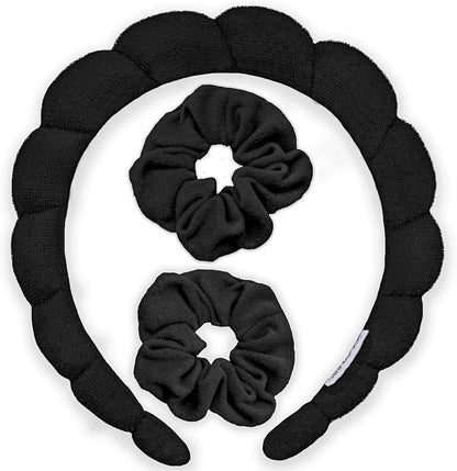 FROG SAC Puffy Spa Headband and Wristbands for Face Washing, Skincare Headbands for Women, Terry Cloth Makeup Skin Care Headbands for Girls, Bubble Make Up Hair Accessories (Black)