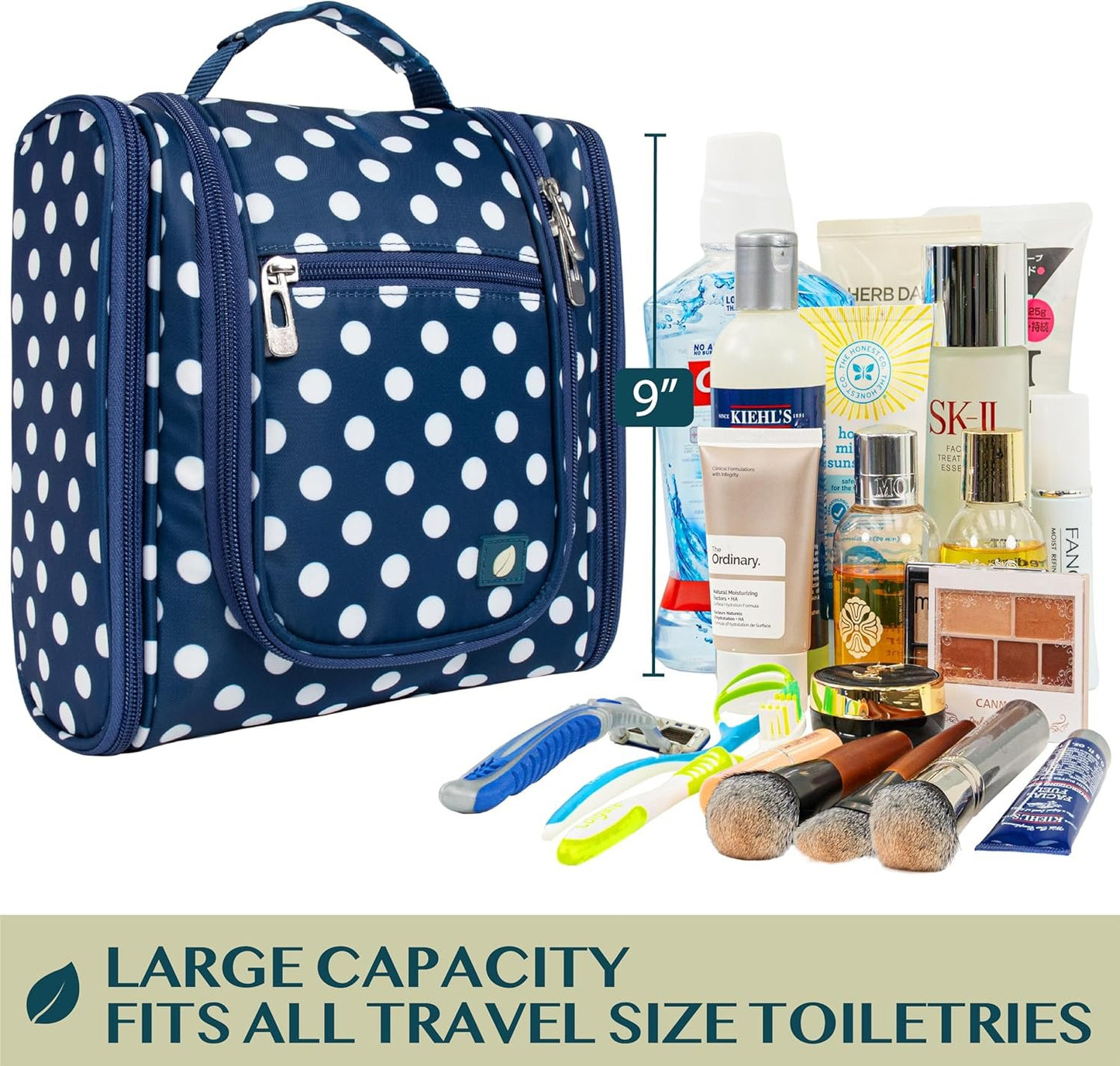 PAVILIA Toiletry Bag Travel Bag for Women Men, Hanging Cosmetic Organizer, Water Resistant Makeup Bag for Accessories Toiletries, Large Travel Essentials Kit (Navy Polka Dot)