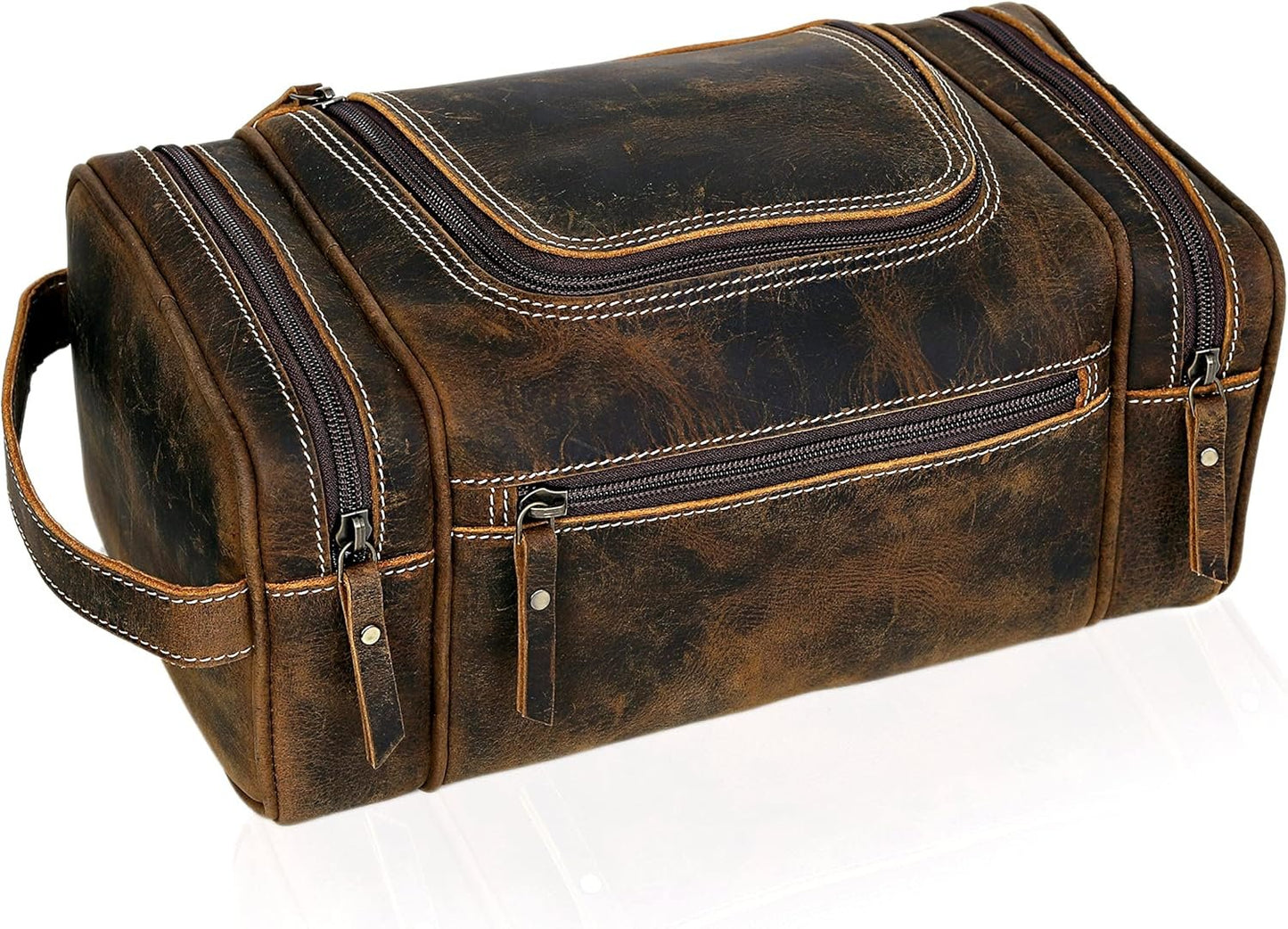 VC VINTAGE COUTURE Extra Large Leather Toiletry Bag for Men, Dopp Kit, Shaving Bag for Travel, Brown, 9.3 x 5.5 x 4.5 Inches