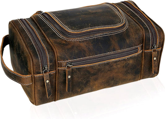 VC VINTAGE COUTURE Extra Large Leather Toiletry Bag for Men, Dopp Kit, Shaving Bag for Travel, Brown, 9.3 x 5.5 x 4.5 Inches