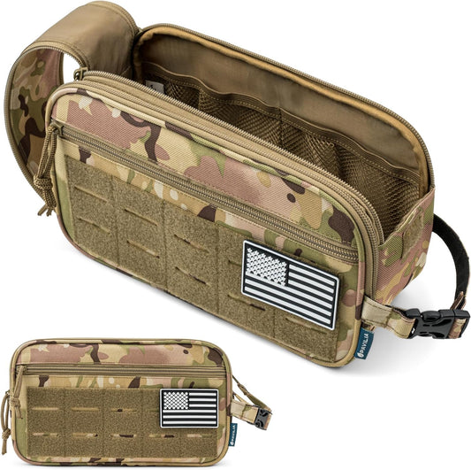 PAVILIA Tactical Toiletry Bag for Men, Hygiene Travel Bag, Military Dopp Kit, Water Resistant Molle Pouch, Mens Shaving Grooming Essentials, Bathroom Shower Toiletries Small Organizer Case, Camo