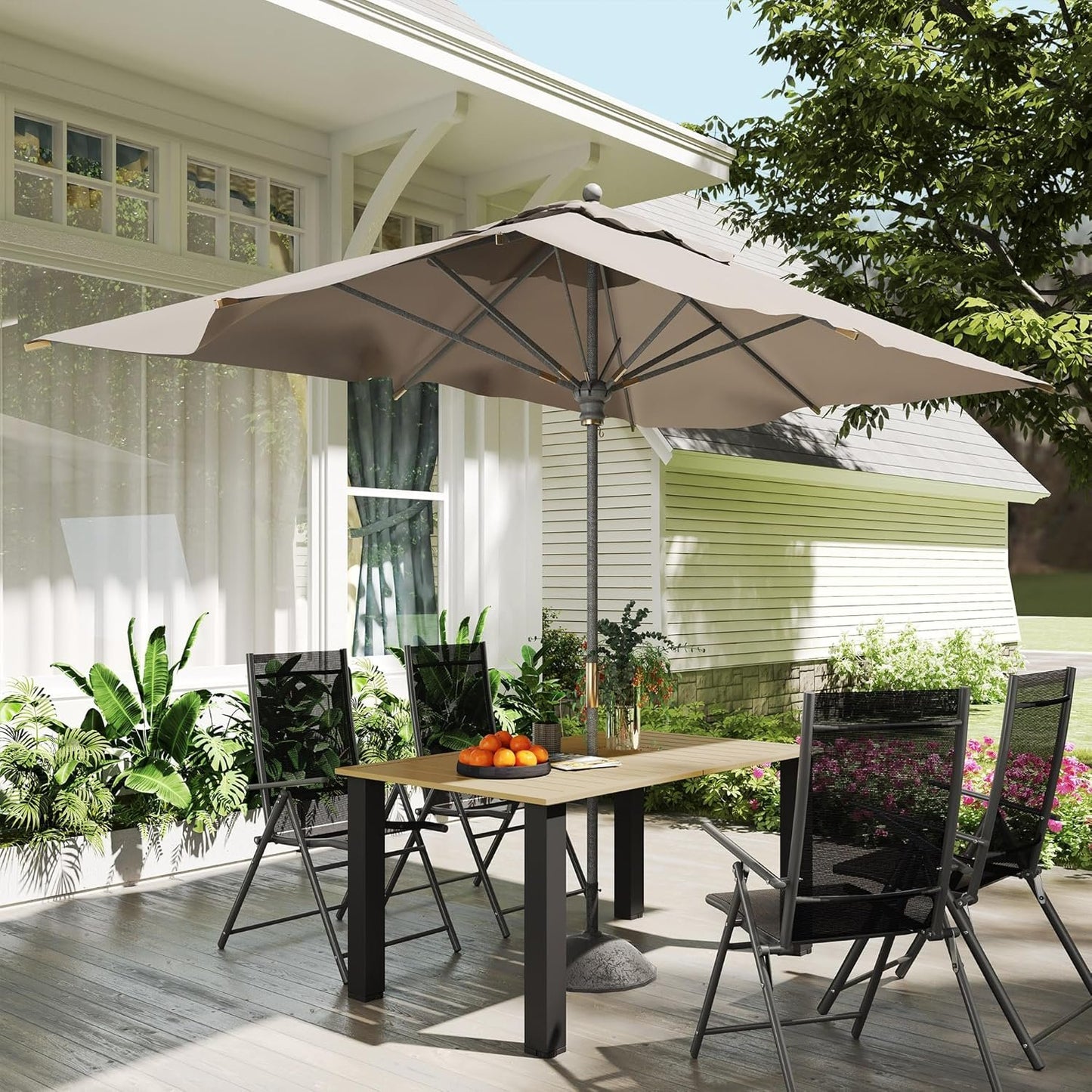 Outsunny 59" Outdoor Dining Table with Umbrella Hole for 6 People, Rectangle Patio Table with Slatted Metal Tabletop, Steel Frame for Backyard Garden Lawn Balcony, Brown