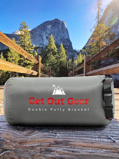 Get Out Gear Double Puffy Camping Blanket - Extra Puffy, Packable, Lightweight and Warm | Ideal for Outdoors, Travel, Stadium, Festivals, Beach, Hammock | Water-Resistant Camp Quilt (Gray/Burgundy)