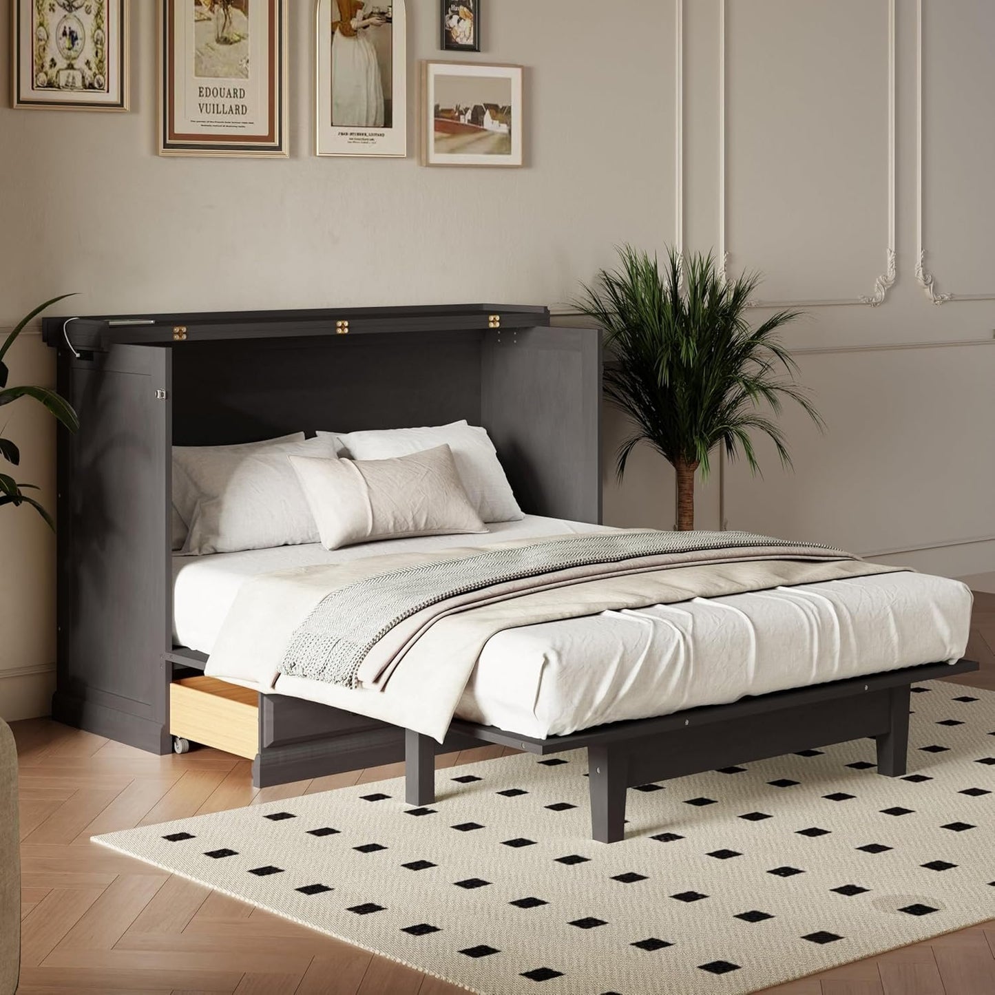 GDFStudio Queen Size Farmhouse Style Murphy Bed Cabinet with USB Charging Port, Solid Pine Wood Foldable Chest Bed with Large Storage Drawer for Guest Room, Small Apartment, or Home Office, Gray