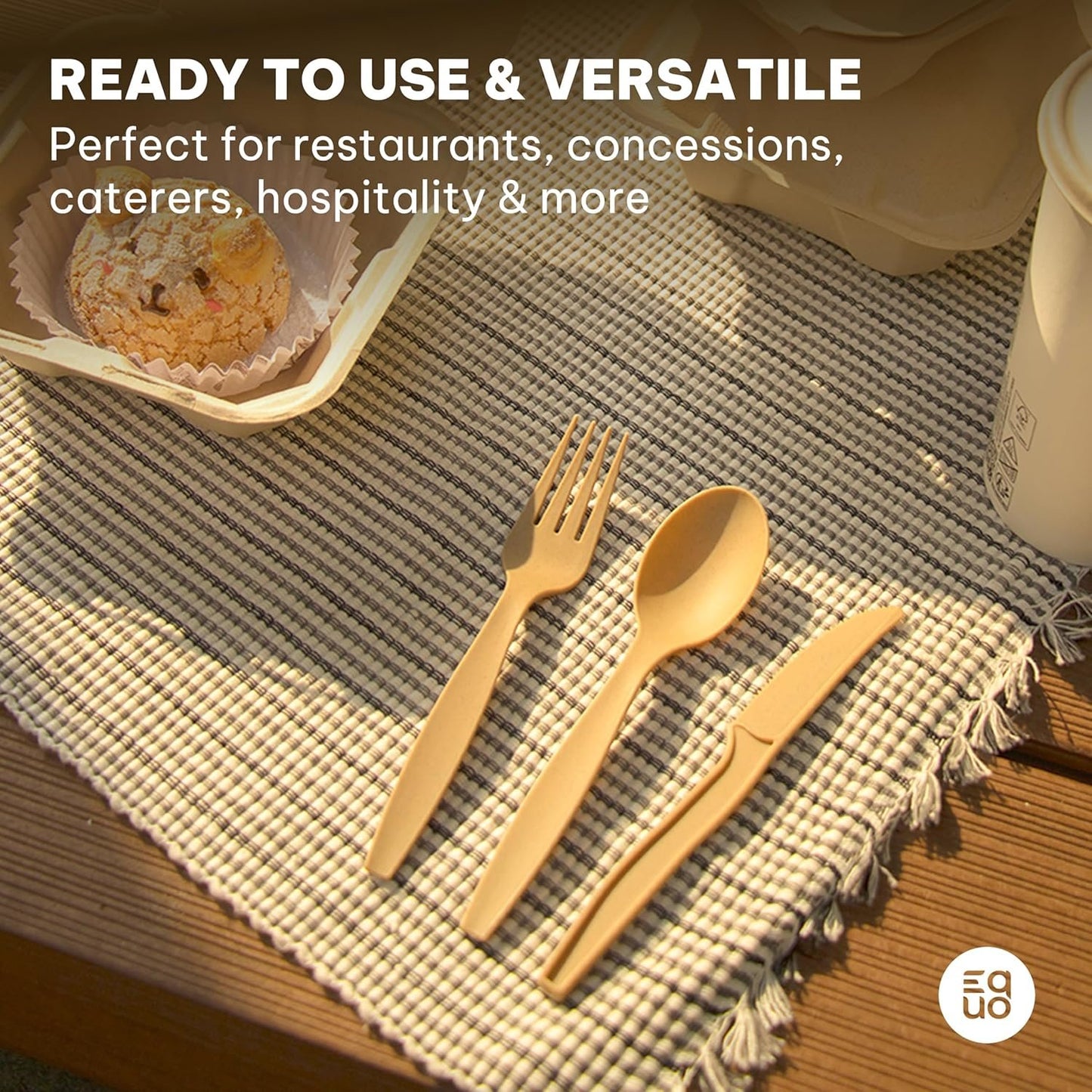 EQUO Sugarcane Disposable Utensil Set (Pack of 30 Forks, Spoons, Knives - 10 Each) - Plastic-Free, Home-compostable, Heat-Safe Utensils for Parties, Events, Camping & More