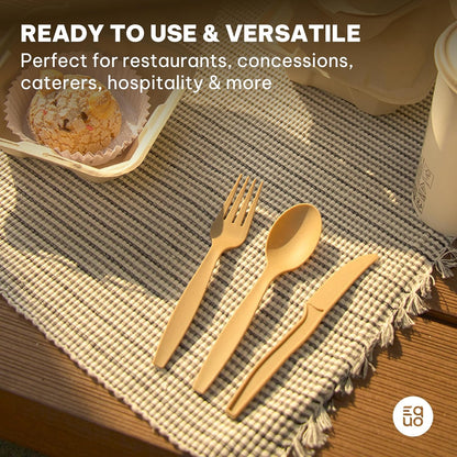 EQUO Sugarcane Disposable Utensil Set (Pack of 30 Forks, Spoons, Knives - 10 Each) - Plastic-Free, Home-compostable, Heat-Safe Utensils for Parties, Events, Camping & More