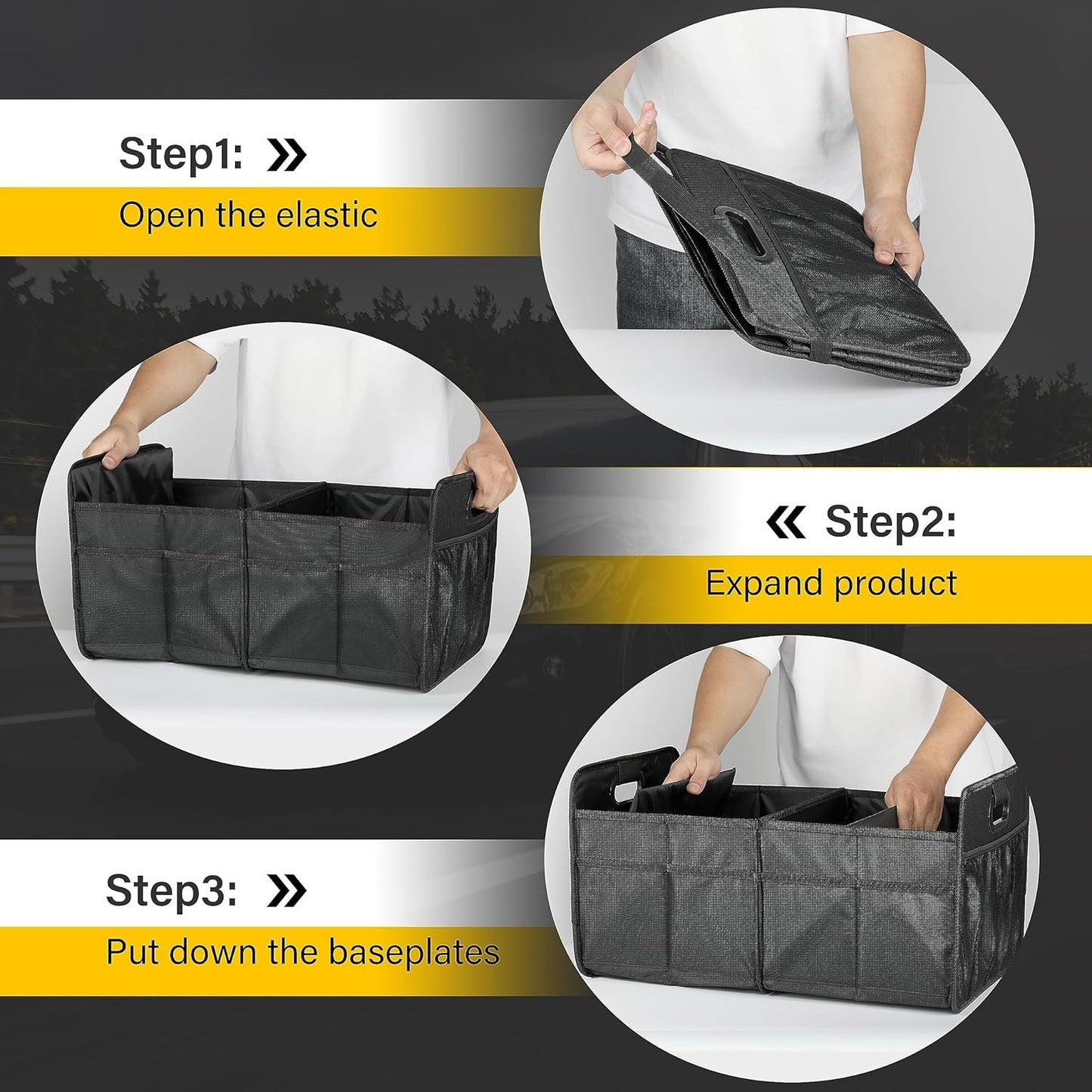 YSSOA Trunk Organizer for Car/SUV/Truck, Collapsible 2 Compartment Automotive Storage Box, 600D Waterproof Oxford Polyester 50L Travel Accessories, Anti-slip & Leak-proof, Black New