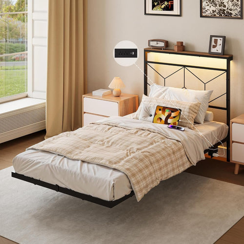 HAUSOURCE Twin Size Floating Bed Frame with Storage Headboard Metal Platform Bed Frame with LED Lights and Charging Station Easy Assembly No Box Spring Needed