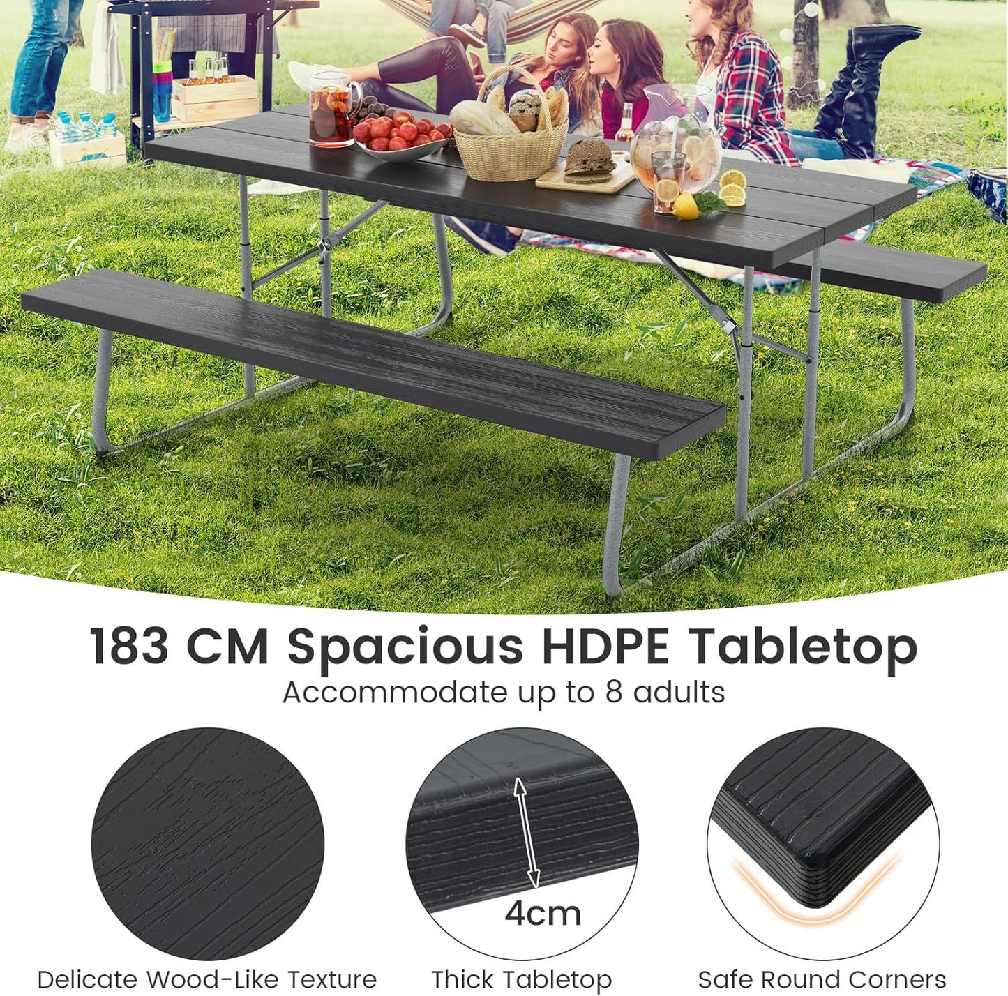 Costway Folding Picnic Table with 2 Benches, 1.8m Camping Table Set w/Metal Frame & All-Weather HDPE Tabletop, Umbrella Hole, 8-Person Large Outdoor Dining Table for Garden Yard Poolside (Black)
