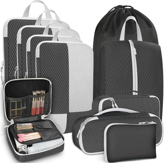 Avmvnvc Suitcase Organizer, 10 Piece Set Travel Organizer Space Saving Suitcase Organizer Compression Packing Cubes Packing Cubes Organizer Suitcase for Clothes, Cosmetics, Black