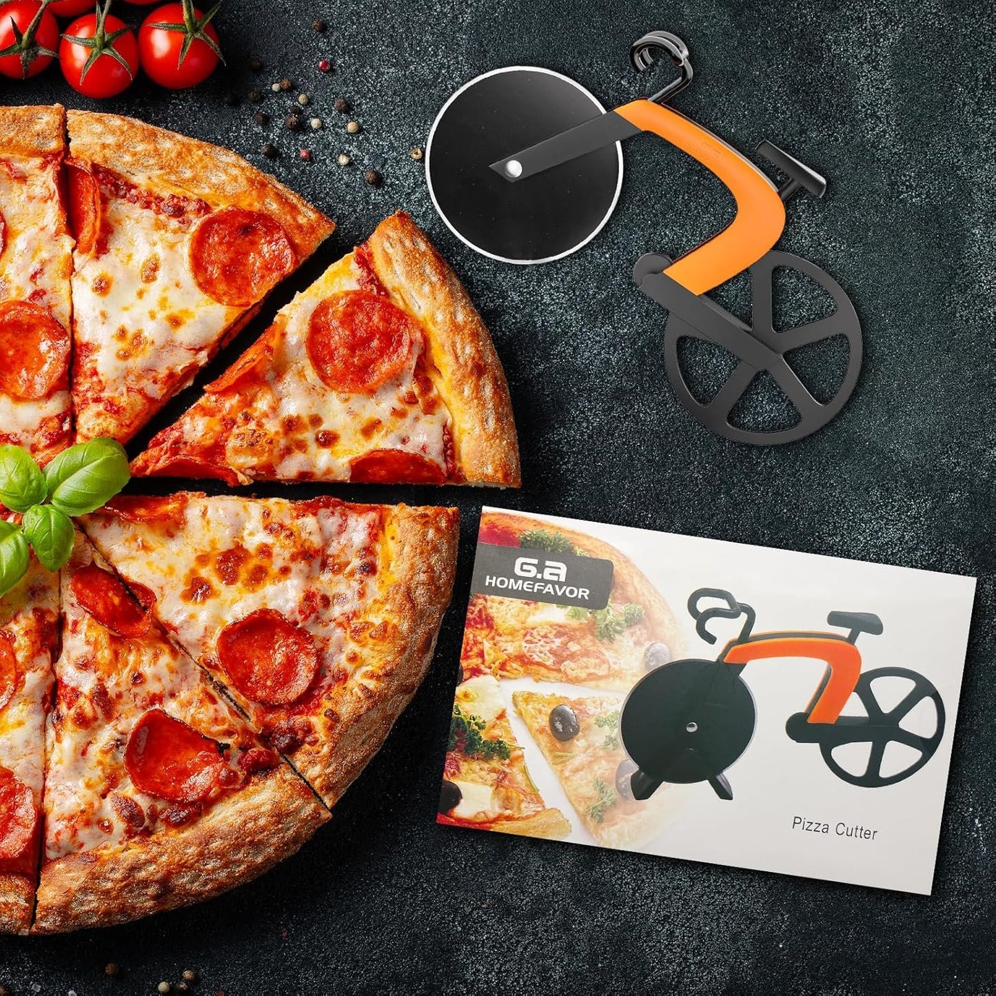 Bicycle Pizza Cutter, Stainless Steel Bicycle Shape Pizza Cutter Blades with Non-Stick Coating Kitchen Tools with Easel, Orange